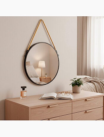 Max home miroir mural rond d55 avec cadre métallique et corde