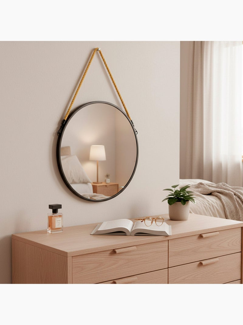 Max home miroir mural rond d55 avec cadre métallique et corde Noir - Kiabi
