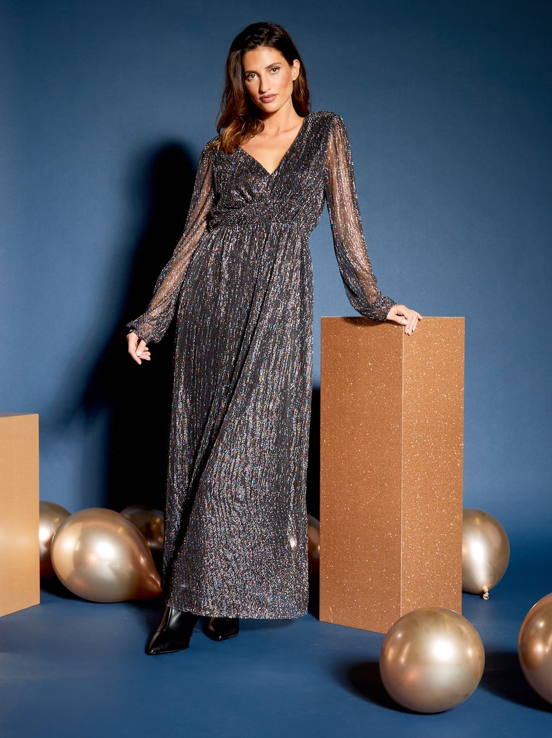 Maxi robe à col V en fibres métallisées Gris - Kiabi