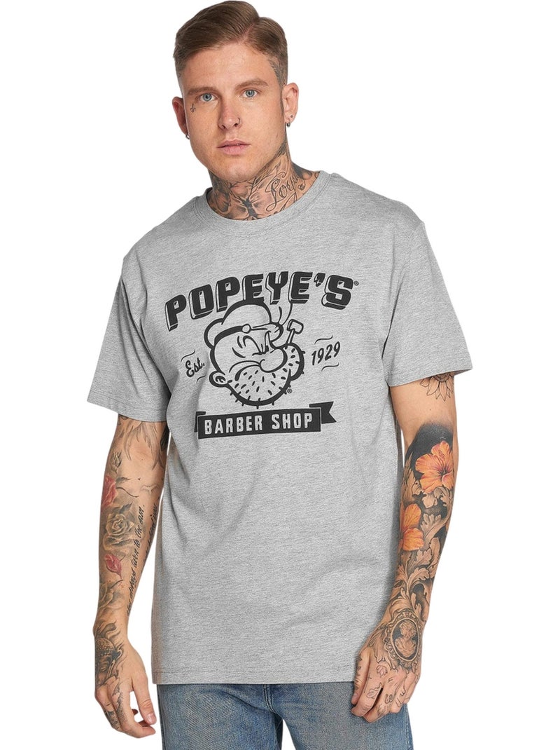 MerchCode - T-shirt motif Popeye BARBER SHOP (Popeye) Gris chiné - Kiabi