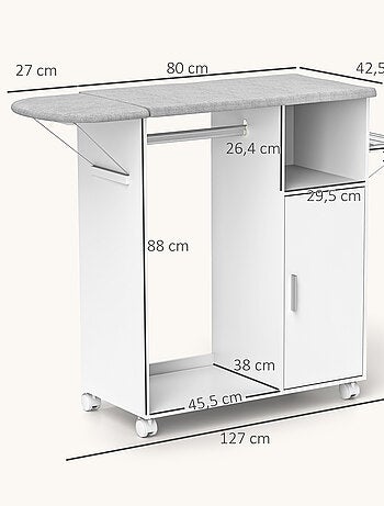 Meuble à repasser sur roulettes panneau de particules blanc