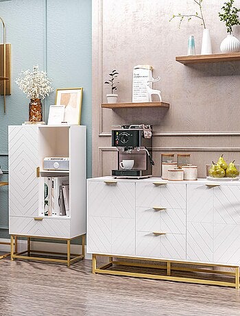 Meuble bas de salle de bain multi-rangement doré blanc