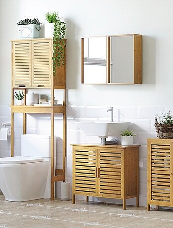 Meuble bas de salle de bain porte étagère bois de bambou verni