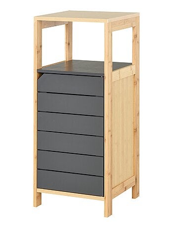 Meuble bas rangement salle de bain porte étagères niche bambou gris
