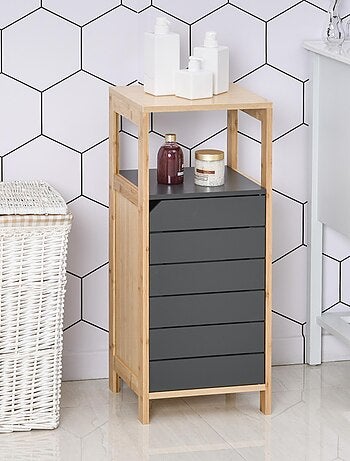 Meuble bas rangement salle de bain porte étagères niche bambou gris
