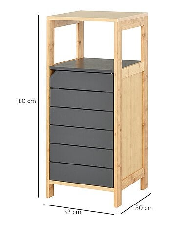 Meuble bas rangement salle de bain porte étagères niche bambou gris