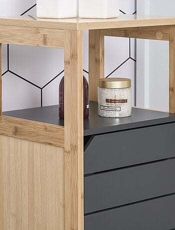 Meuble bas rangement salle de bain porte étagères niche bambou gris