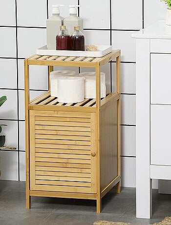 Meuble bas salle de bain porte 2 étagères bambou verni