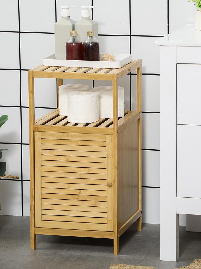 Meuble bas salle de bain porte 2 étagères bambou verni Beige - Kiabi