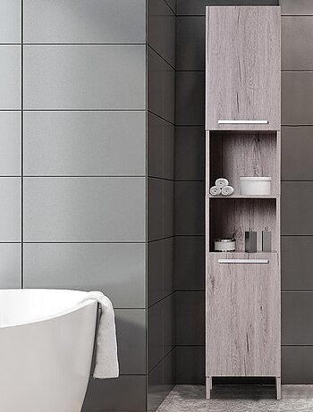 Meuble colonne rangement salle de bain 2 placards avec étagère + 2 niches gris