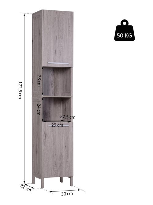 Meuble colonne rangement salle de bain 2 placards avec étagère + 2 niches gris - Kiabi Meuble colonne rangement salle de bain 2 placards avec étagère + 2 niches gris - Kiabi