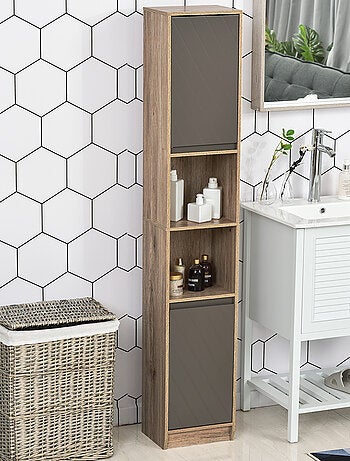 Meuble colonne rangement salle de bain 2 portes étagère 2 niches chêne clair gris