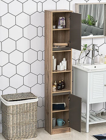 Meuble colonne rangement salle de bain 2 portes étagère 2 niches chêne clair gris