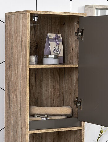 Meuble colonne rangement salle de bain 2 portes étagère 2 niches chêne clair gris