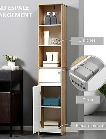 Meuble colonne rangement salle de bain 3 niches tiroir placard blanc aspect chêne clair