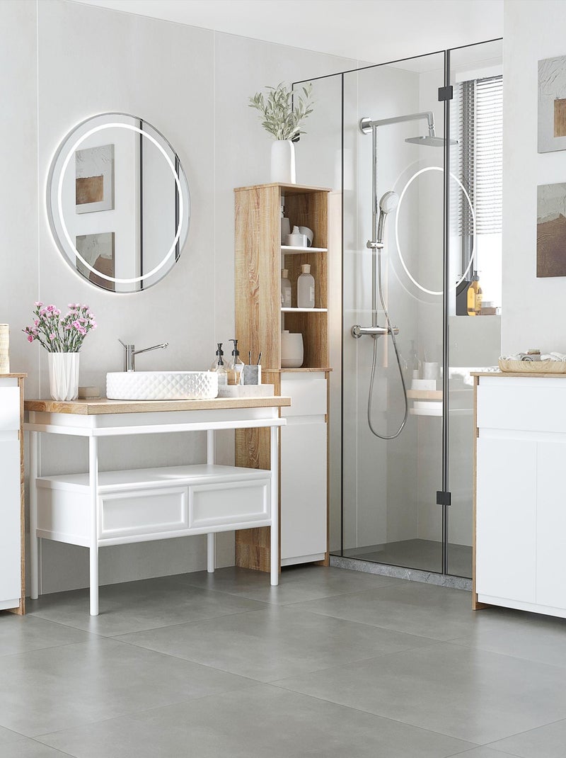Meuble colonne rangement salle de bain 3 niches tiroir placard blanc aspect chêne clair Beige - Kiabi
