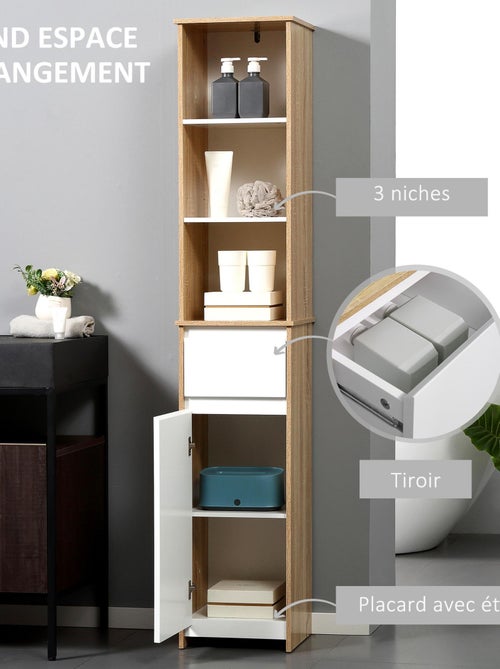 Meuble colonne rangement salle de bain 3 niches tiroir placard blanc aspect chêne clair - Kiabi