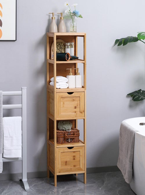 Meuble colonne rangement salle de bain bambou design cosy naturel - Kiabi