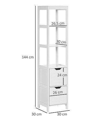 Meuble colonne rangement salle de bain H144 cm 2 tiroirs 3 étagères blanc