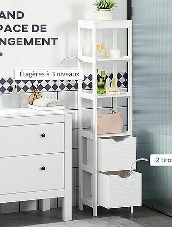Meuble colonne rangement salle de bain H144 cm 2 tiroirs 3 étagères blanc