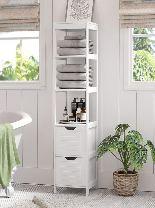 Meuble colonne rangement salle de bain H144 cm 2 tiroirs 3 étagères blanc - Kiabi