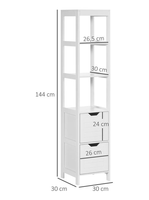 Meuble colonne rangement salle de bain H144 cm 2 tiroirs 3 étagères blanc - Kiabi