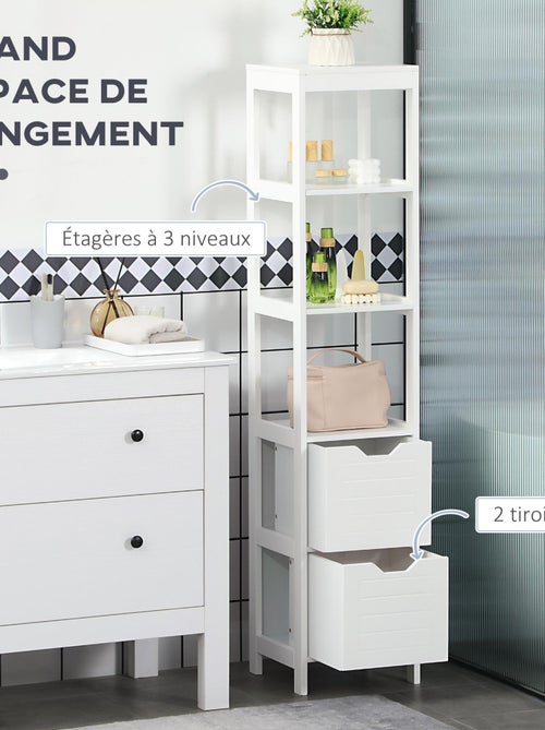 Meuble colonne rangement salle de bain H144 cm 2 tiroirs 3 étagères blanc - Kiabi