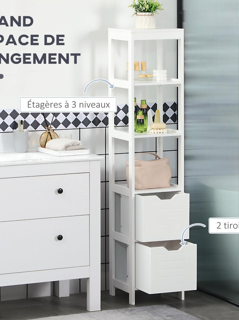 Meuble colonne rangement salle de bain H144 cm 2 tiroirs 3 étagères blanc Blanc - Kiabi