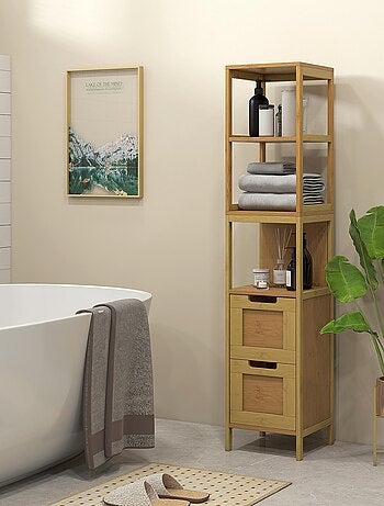 Meuble colonne rangement salle de bain MDF aspect bois clair bambou