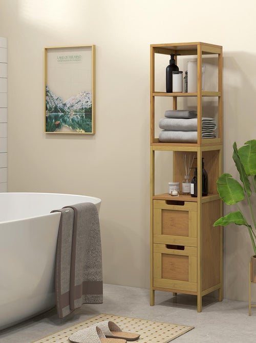 Meuble colonne rangement salle de bain MDF aspect bois clair bambou - Kiabi Meuble colonne rangement salle de bain MDF aspect bois clair bambou - Kiabi
