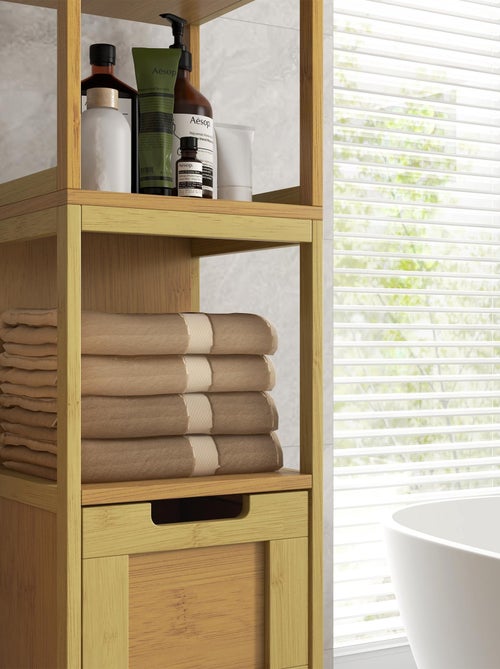 Meuble colonne rangement salle de bain MDF aspect bois clair bambou - Kiabi Meuble colonne rangement salle de bain MDF aspect bois clair bambou - Kiabi