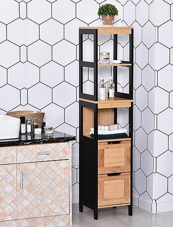 Meuble colonne rangement salle de bain MDF bambou style cosy