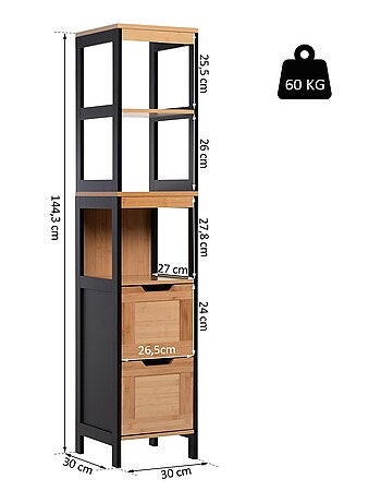 Meuble colonne rangement salle de bain MDF bambou style cosy