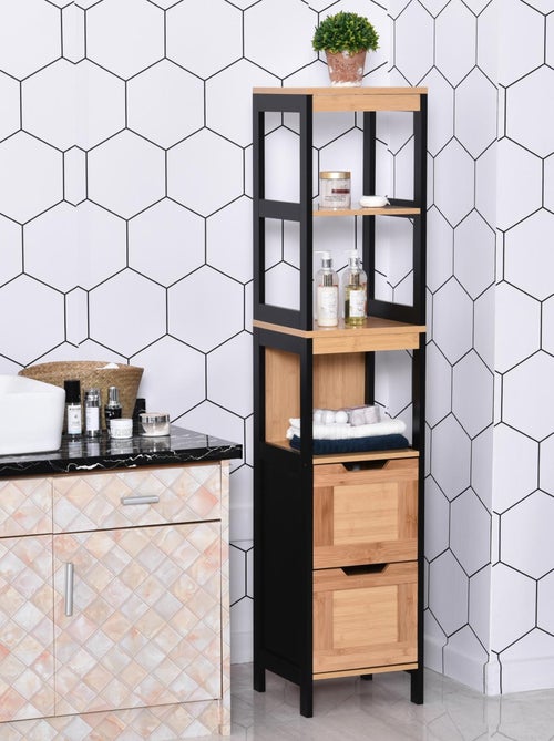 Meuble colonne rangement salle de bain MDF bambou style cosy - Kiabi
