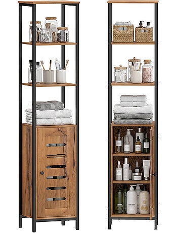 Meuble colonne rangement salle de bain style cosy acier noir aspect bois