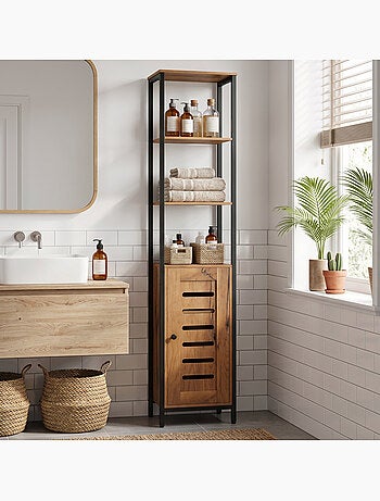 Meuble colonne rangement salle de bain style cosy acier noir aspect bois
