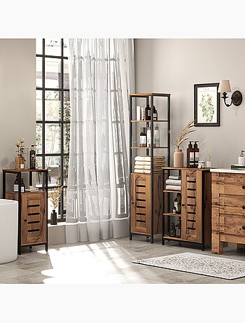 Meuble colonne rangement salle de bain style cosy acier noir aspect bois