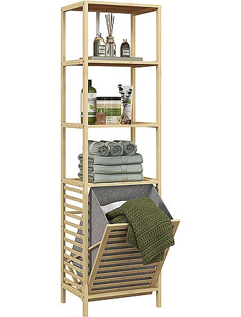 Meuble colonne salle de bain - 3 étagères, panier linge - tissu gris bambou verni