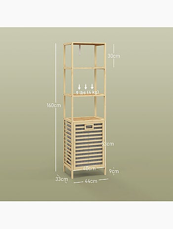 Meuble colonne salle de bain - 3 étagères, panier linge - tissu gris bambou verni
