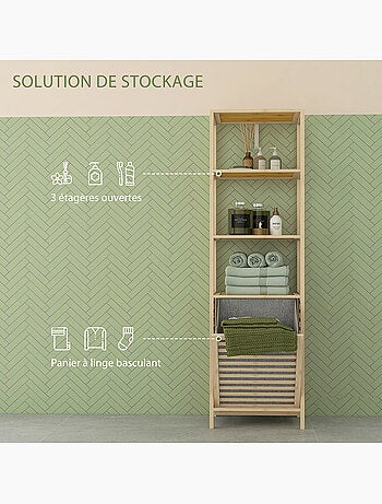 Meuble colonne salle de bain - 3 étagères, panier linge - tissu gris bambou verni