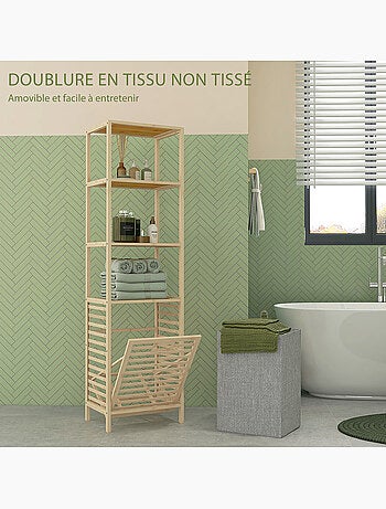Meuble colonne salle de bain - 3 étagères, panier linge - tissu gris bambou verni