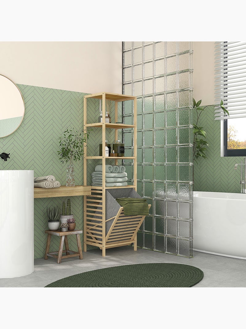 Meuble colonne salle de bain - 3 étagères, panier linge - tissu gris bambou verni Beige - Kiabi