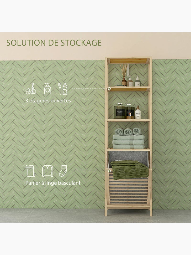 Meuble colonne salle de bain - 3 étagères, panier linge - tissu gris bambou verni Beige - Kiabi