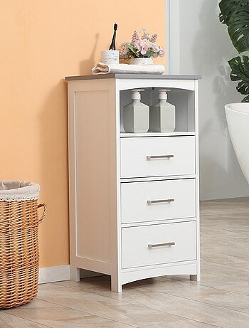 Meuble colonne salle de bain - 3 tiroirs, niche - blanc gris