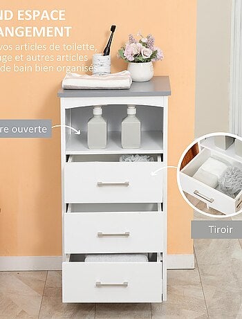 Meuble colonne salle de bain - 3 tiroirs, niche - blanc gris