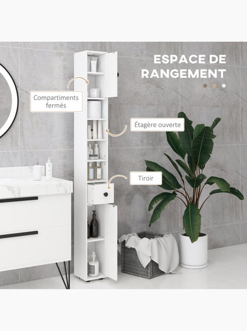 Meuble colonne salle de bain 2 portes 2 étagères 4 niches tiroir - Kiabi