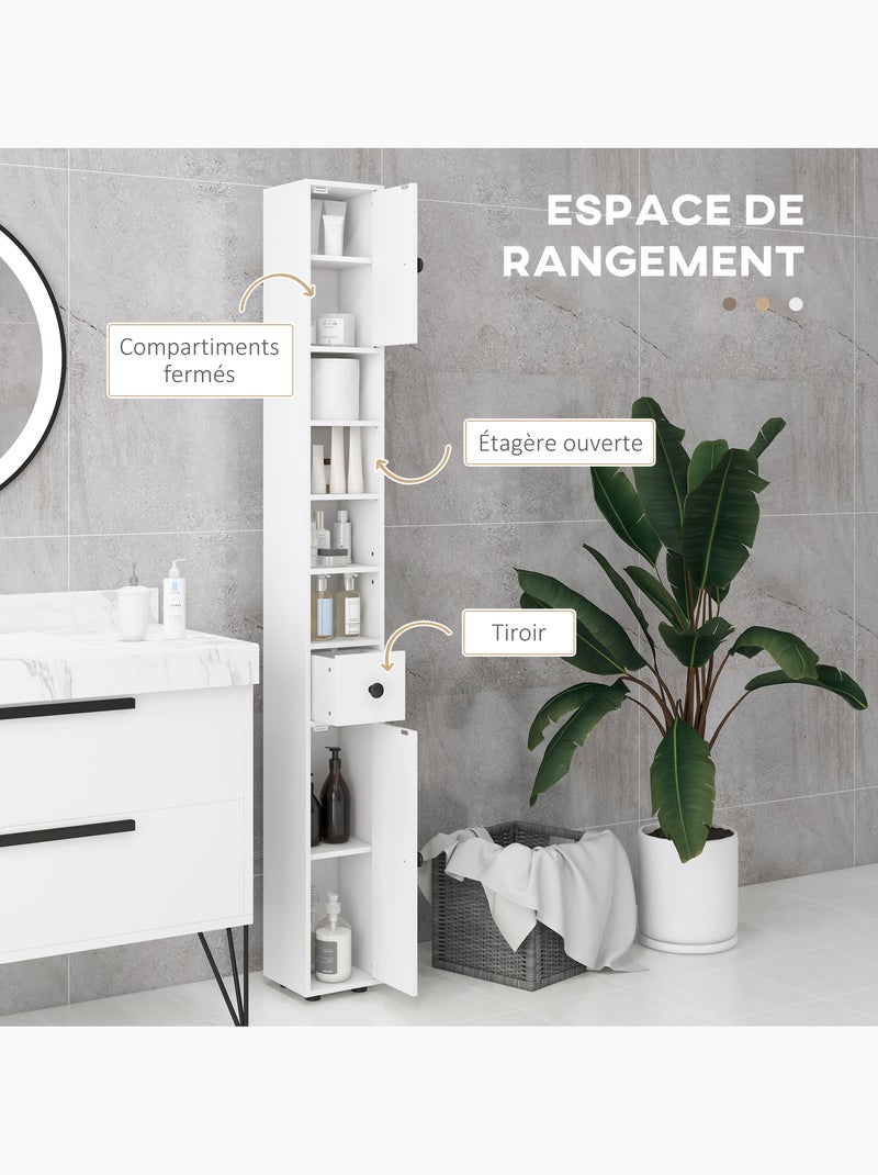 Meuble colonne salle de bain 2 portes 2 étagères 4 niches tiroir Blanc Blanc - Kiabi