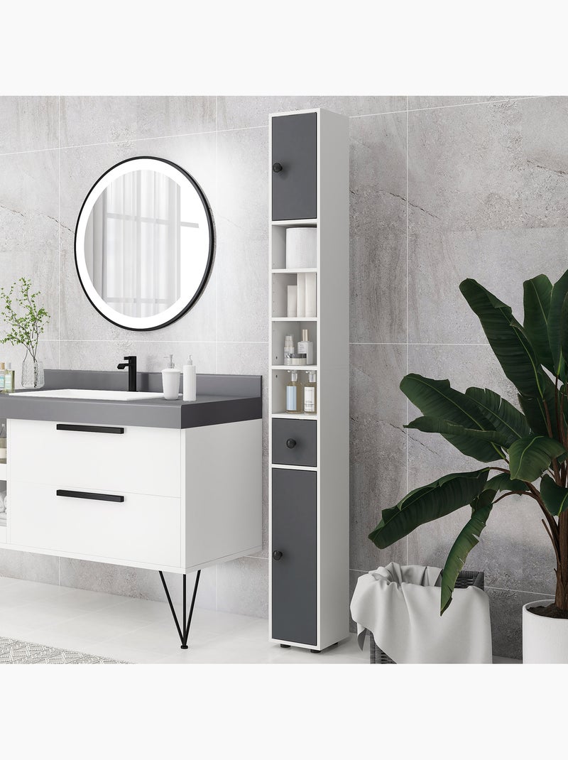 Meuble colonne salle de bain 2 portes 2 étagères 4 niches tiroir Gris - Kiabi