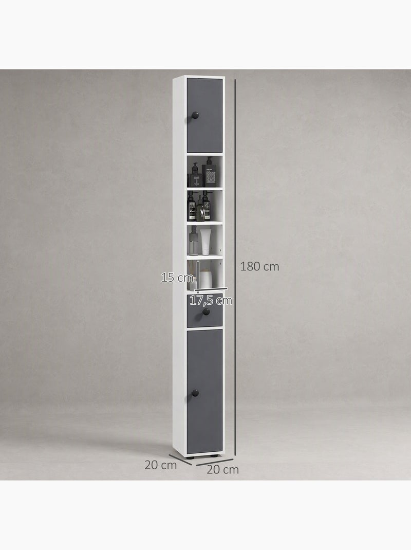 Meuble colonne salle de bain 2 portes 2 étagères 4 niches tiroir Gris - Kiabi