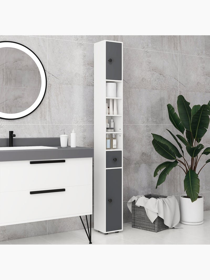 Meuble colonne salle de bain 2 portes 2 étagères 4 niches tiroir Gris - Kiabi
